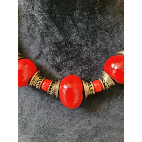 Women's Chunky Red Beaded Statement Necklace With Antique Brass Hook Lock Design