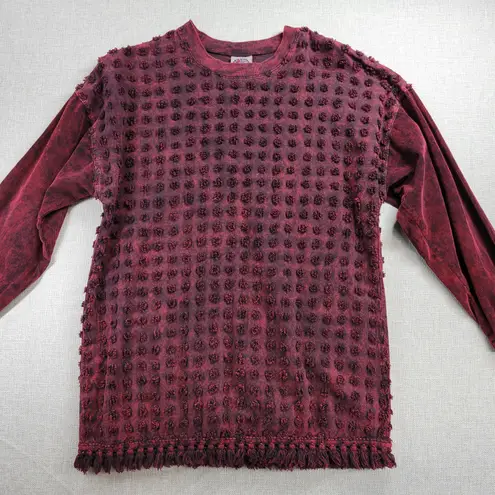 Produce Company Womens Sweater Size M Wine Swiss Dots Crewneck Fringe Pullover Red