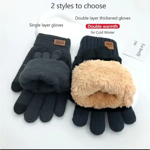 Unisex Thermal Warm Thick Fleece Lined Touchscreen Blue Knit Gloves NEW Winter Gray