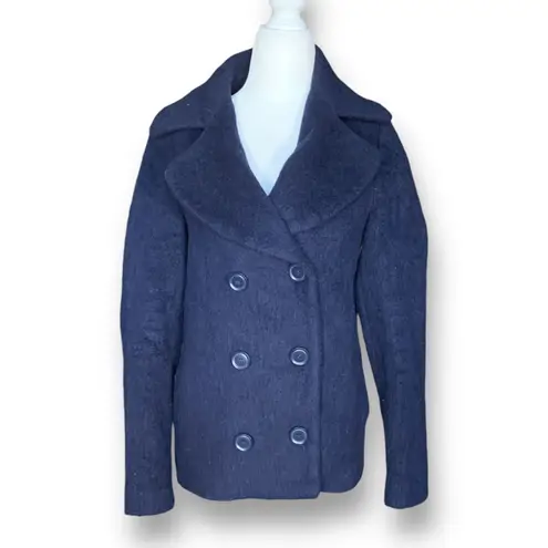 Benetton Pea Coat Navy Blue Wool Mohair Blend Double Breasted Notched Collar 2