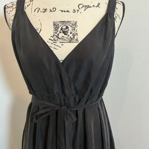 Garnet Hill Black Wrap Maxi Dress Sz 12 V Neck Sleeveless Tie Waist 100% silk