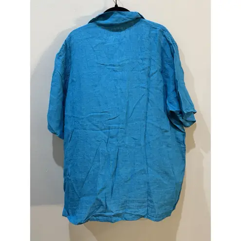 Flax Button Down Short Sleeve Tunic Shirt Blouse Size Medium Aqua Blue