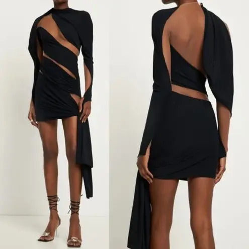 NWT Mugler Abiti Do Robe Jersey Crepe Tulle Mini Dress Black Nude Women's US 0