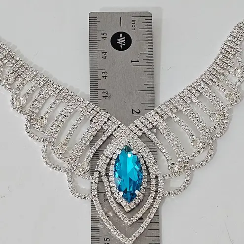 Blue Topaz Crystal Bridal Prom Necklace Set Silver