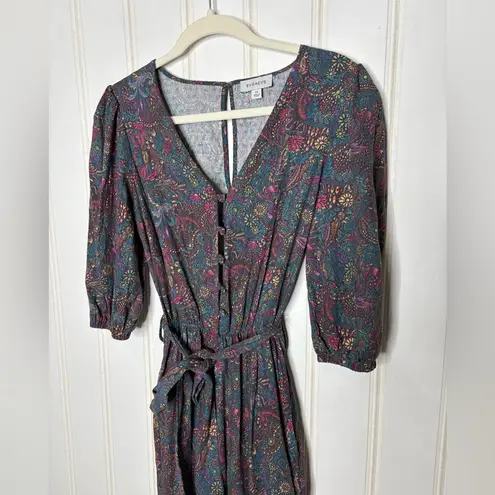 Evereve Floral Ember Jumpsuit Size XS Puff Sleeve Belt Cropped Purple Teal 625