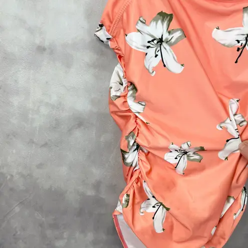 Summer Coral Floral Orchid Swimsuit Womens XLarge Full Coverage Ruched Beachy Orange Size XL
