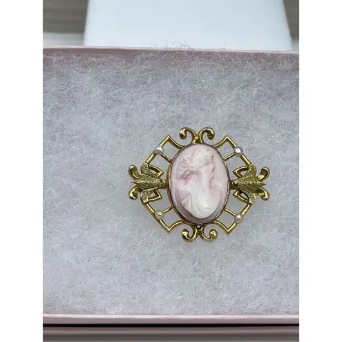 Antique 10K gold real carved cameo Edwardian stamped vintage seed pearls Pink