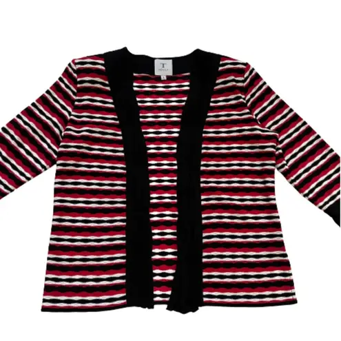 Toula Cardigan Sweater Black Red White Ruched 3/4 Sleeve Open Front Large