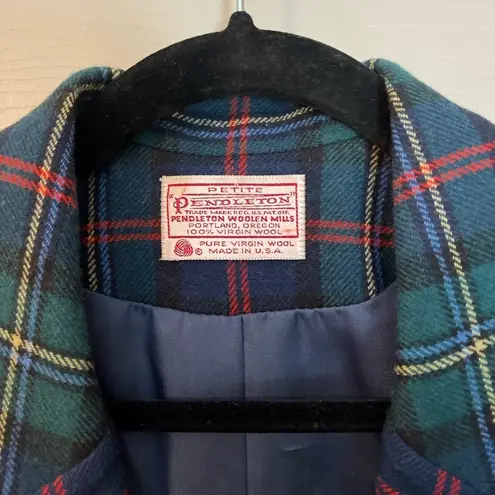 Pendleton 100% wool blue & green tartan plaid blazer pockets brass buttons PM.