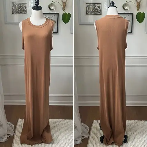 Richer Poorer Ribbed Mock Neck Sleeveless Maxi Dress Woodgrain Size XL Tan