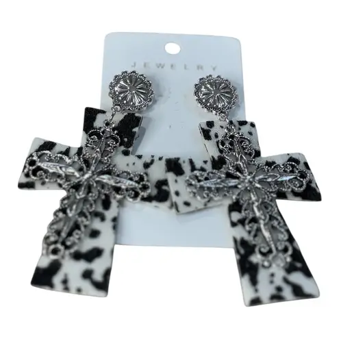 Cow Print Cross Dangle Earrings Western Country Silver Tone Statement New Black
