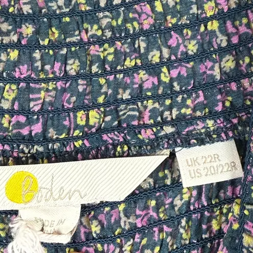 Boden Smocked Yoke Mini Dress Women's 20 Blue Pleated Tie Belt Cuff Sleeve Boho Size undefined