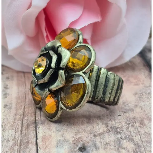 None Dark Gold Tone & Amber Color Statement Flower Ring Stretch One Size Boho Hippie
