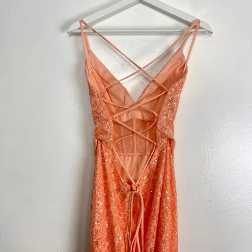 La Femme  Corset Waist Long Sequin-Lace Prom Dress in Peach Size US 8