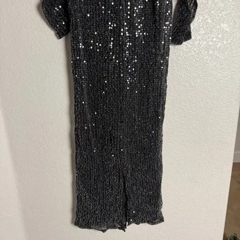 Rachel Roy Charcoal Silver Sequined Long Sleeve Cocktail Party Midi Dress Sz XS Black