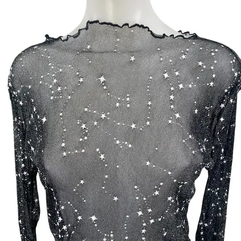 Women's Black Star Embellished Long Sleeve Mesh Sheer Crop Blouse Cover Up Top S