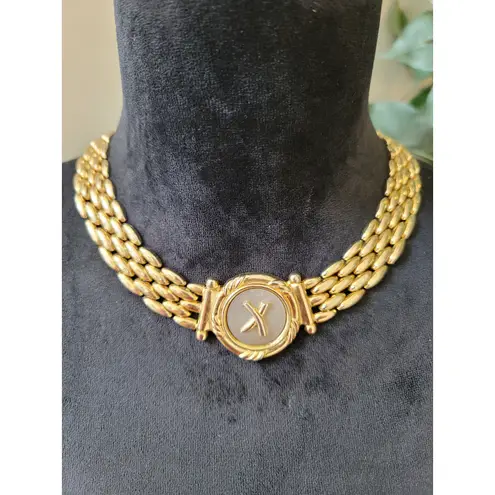 Women's Gold Plated Choker Necklaces With Round X Emblem And Fold Over Lock