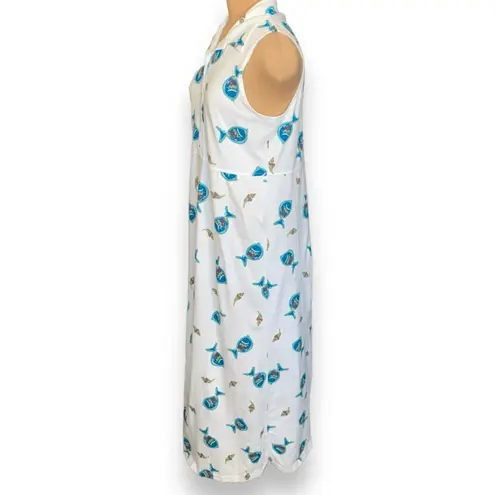 Vintage 90s White Cotton Maxi Shirt Dress Fish Seashell Shell Print Sleeveless Size M