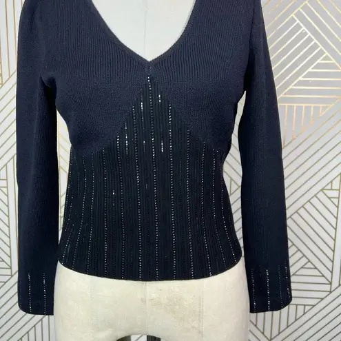 St. John Evening Sequin Black Santana Knit V-Neck Sweater Size US 2