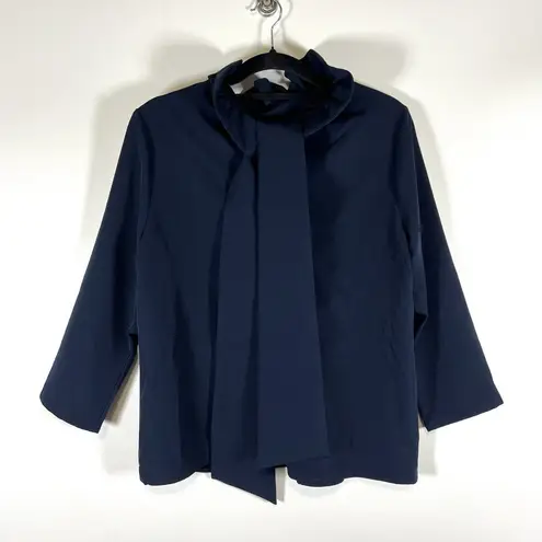 Tuckernuck NEW Navy Faye Preppy Bow Ruffle Collar 3/4 Sleeve Blouse Size Large Blue