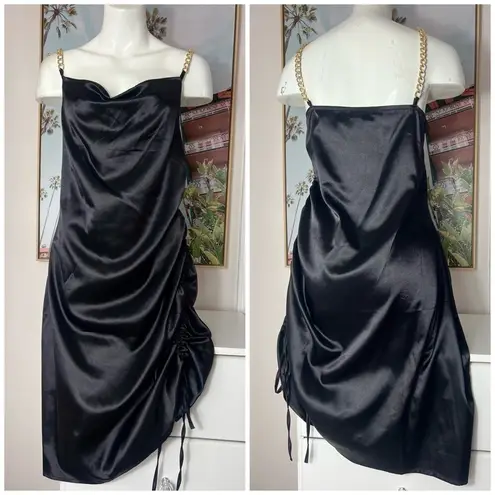 Bloomchic Black Satin Gold Chain Drawstring Ruched Cocktail LBD Mini Dress 14 XL