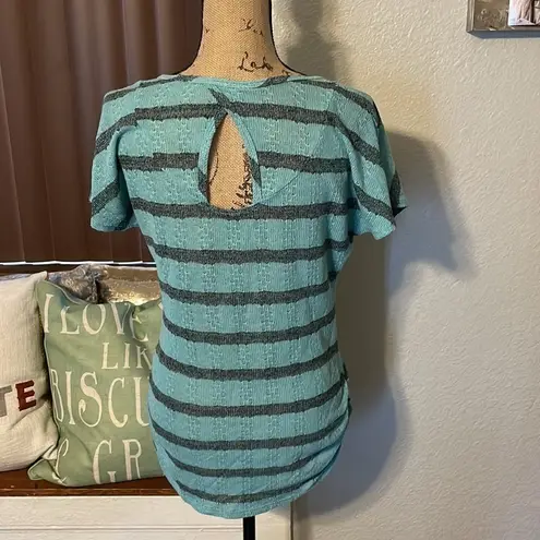 Maurice's  black & blue semi-sheer striped top with keyhole back.