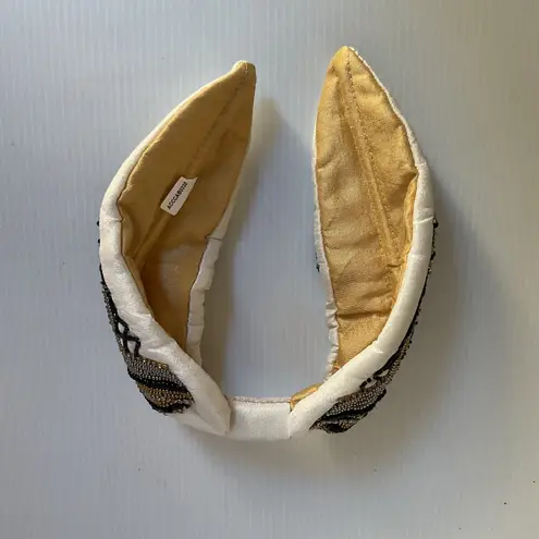 Hand Beaded Mexican Headband Beige Padded Turban Style Embroidered Boho NWT Gold