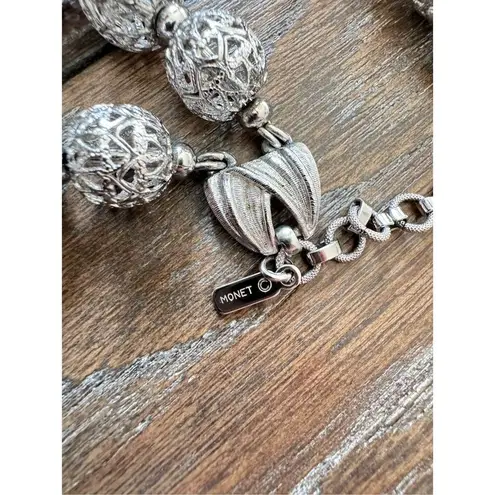 Monet Silvertone Filigree Metal Bead Double Strand Choker Necklace Adjustable Silver