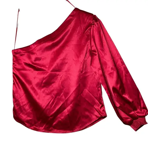 Indigo Poppy One Shoulder Top Womens Medium Satin Asymmetric Blouse Elegant NWT Red