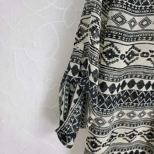About A Girl Womens Blouse Size Medium Black Bohemian Pattern Button Down Sheer