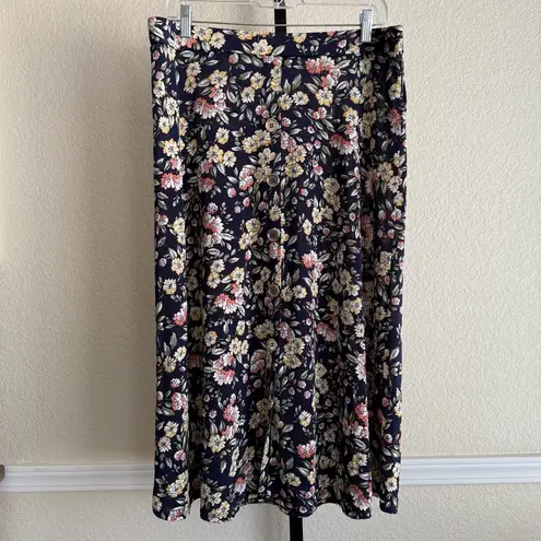 Vintage Inspired Navy Blue Floral Print Bohemian A Line Midi Flowy Casual Skirt Black Size L