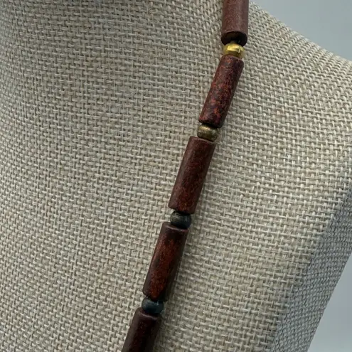 Wood Beaded Necklace Chunky Gold Tone Accent Statement Jewelry Brown