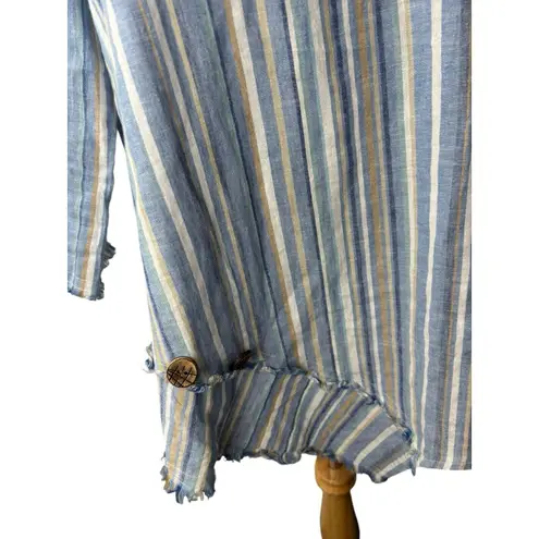 Ali Miles Linen Striped Blue Lagan Look Asymetrical Tunic Blouse Large