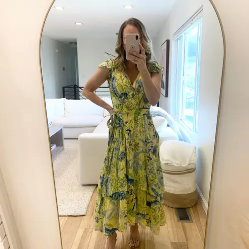 Banjanan Mercy Tiered Wrap Midi Dress Yellow Lisbon Garden Sunshine Size Medium