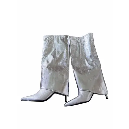 Open Edit Tall Boot in Silver Metallic Size 7.5 Stiletto Heel Pointed Toe