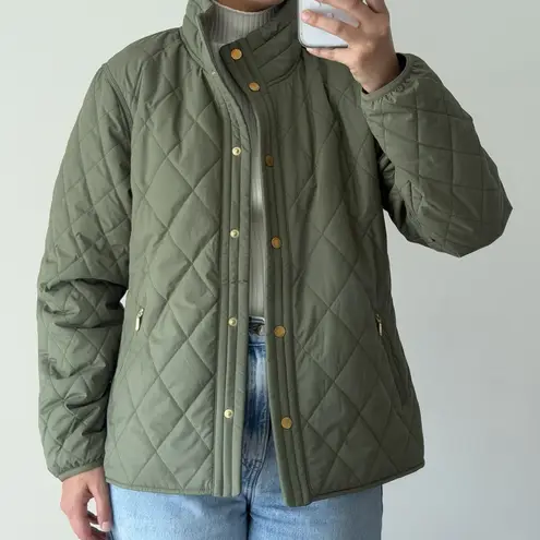 LL Bean Cozy Quilted Jacket Women Large Petite Green Olive Barn Riding Preppy