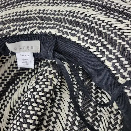 Hinge Two Tone Panama Hat Black White Wide Brim Woven Straw Pom Pom Summer NWOT