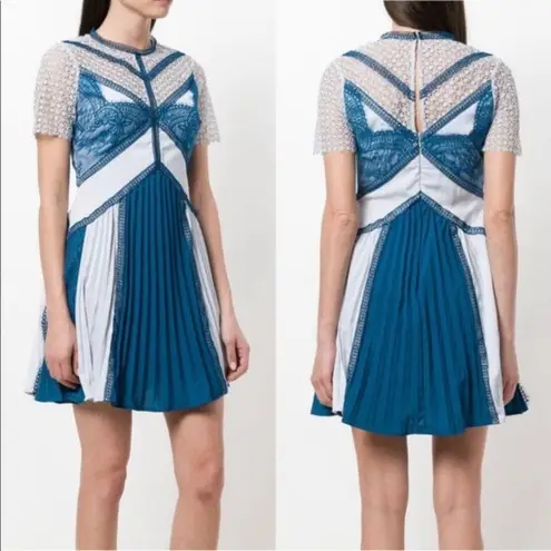Self Portrait Self-Portrait Lace Panel Pleated Blue Mini Dress