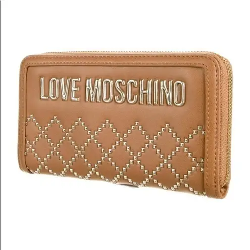 Moschino Love Tan Quilted Zip-Around Wallet Gold Stud Logo NWT
