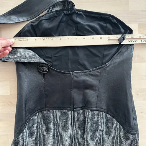 Vintage Leather Wool Dress 40 Black Asymmetric Shoulder Column Art Avant Garde