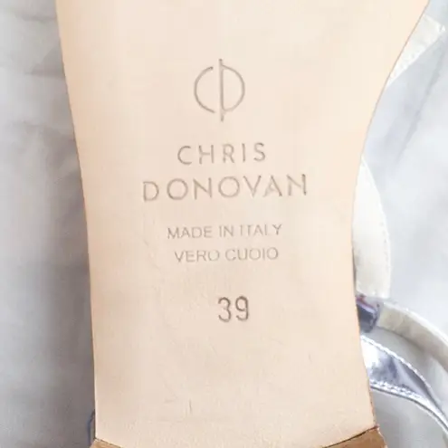 CHRIS DONOVAN Silver Metallic Leather Geometric Flat Sandals Size 39 EUR, 8.5 US