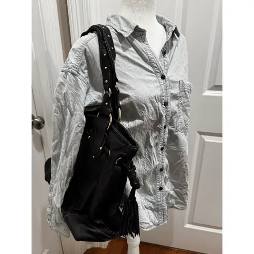 Kate Landry Black Leather Tote Bag Gold Tone Hardware Tassels