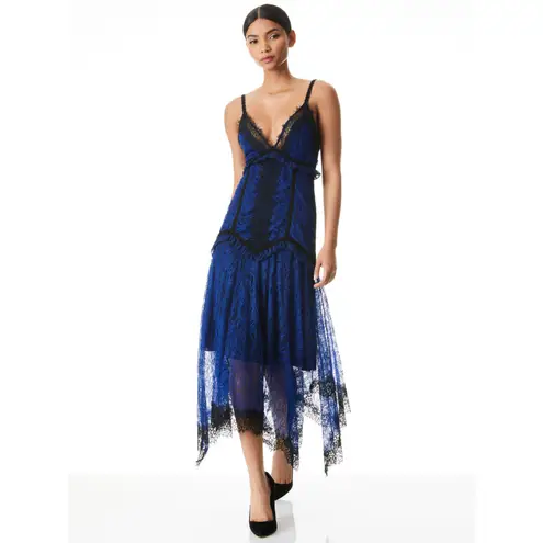 Alice + Olivia  Opal Lace Handkerchief Dress Black Blue Size 6 Midi Lace Ruffle