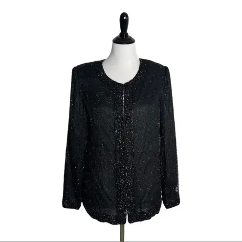 Laurence Kazar Laurence Kazer All Over Beaded Open Jacket Women Size M Black Silk Formal Party