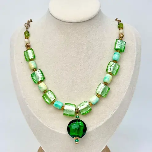 Handmade Green Art Glass Necklace Statement Beads Drop Pendant Toggle Clasp