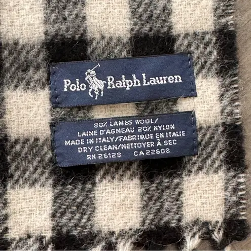 Polo Ralph Lauren Lamb wool black white gingham plaid fringe scarf NWOT