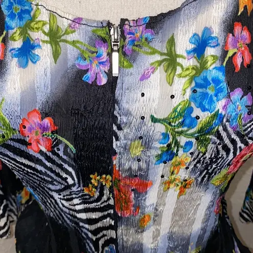 Alberto Makali Vintage Crinkle Zip Up Black & White Zebra Floral Sequin Blouse