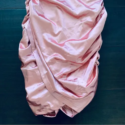NWT LINJOU Rose Pink Satin/Silk Sweetheart Corset Ruched Wrap Bodycon Dress | L Size L