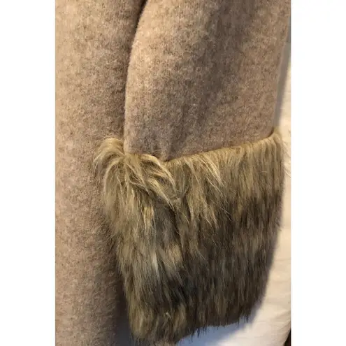 Boston Proper Tan Knit Pullover Turtleneck Dress with faux fur sleeve ends Sz L