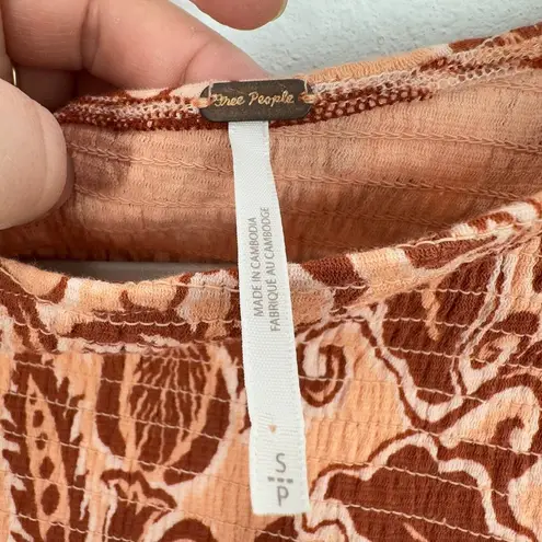 Free People  Shea Floral Smocked Peach Red Tank Top Peach Brown Boho Sleeveless